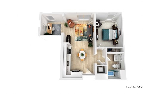 Floor plan for 1 bed, 1 bath, 750 sqft